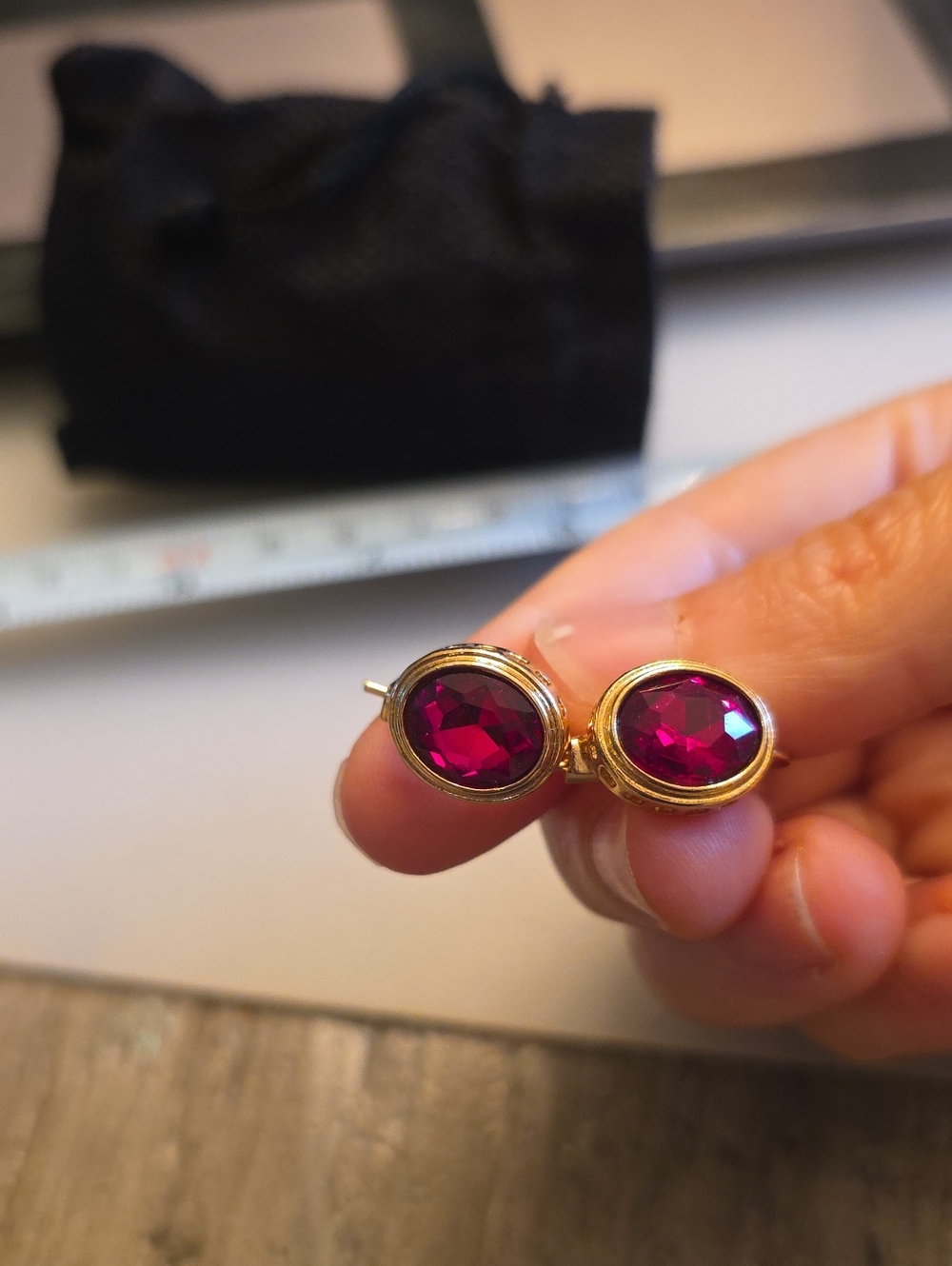 Vintage Ussr Gold-Tone Earrings with Deep Pink Faceted Stones